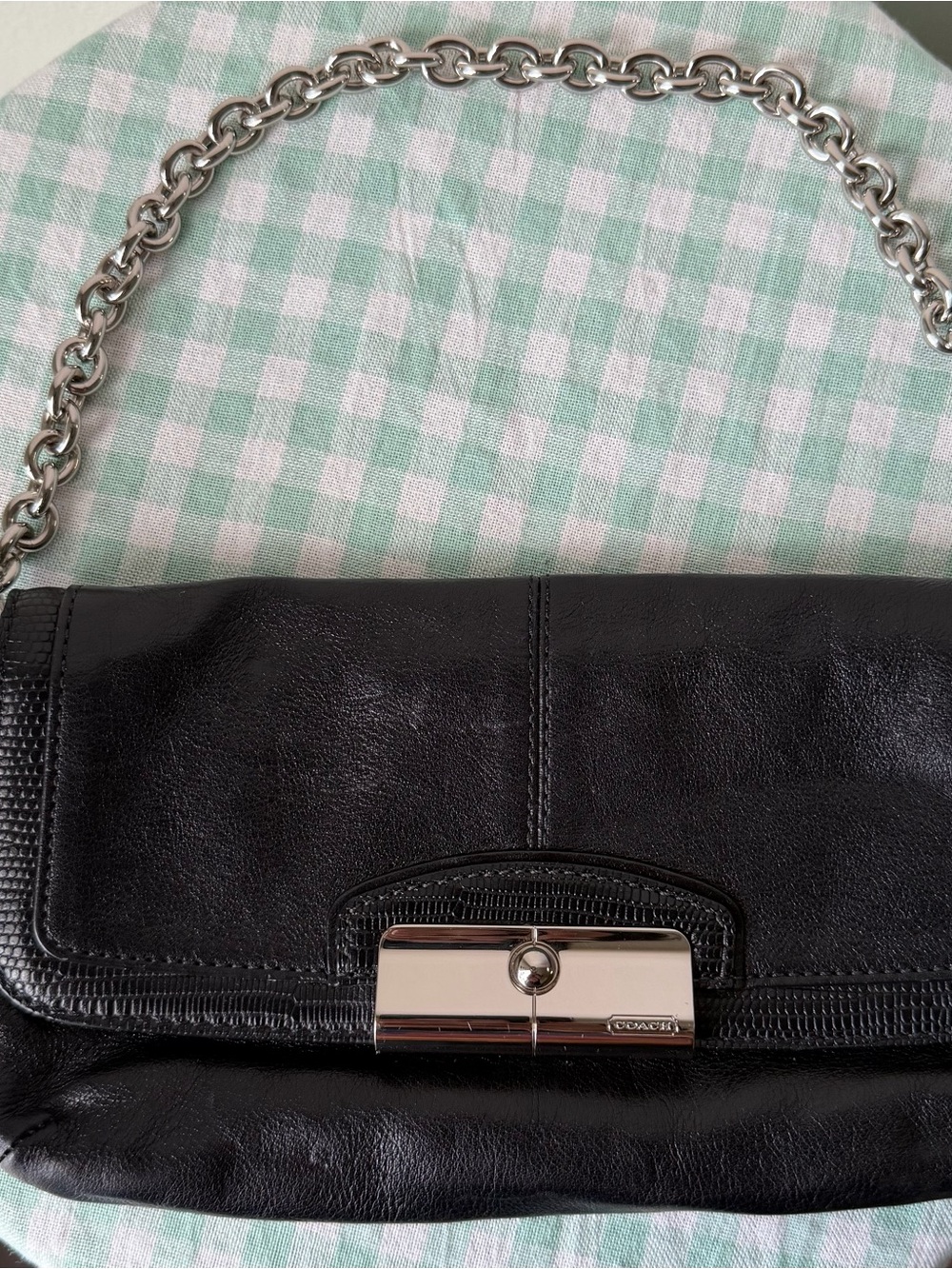 Coach Kristen Spectator Black Leather Clutch Bag with Lizard Embossed Trim